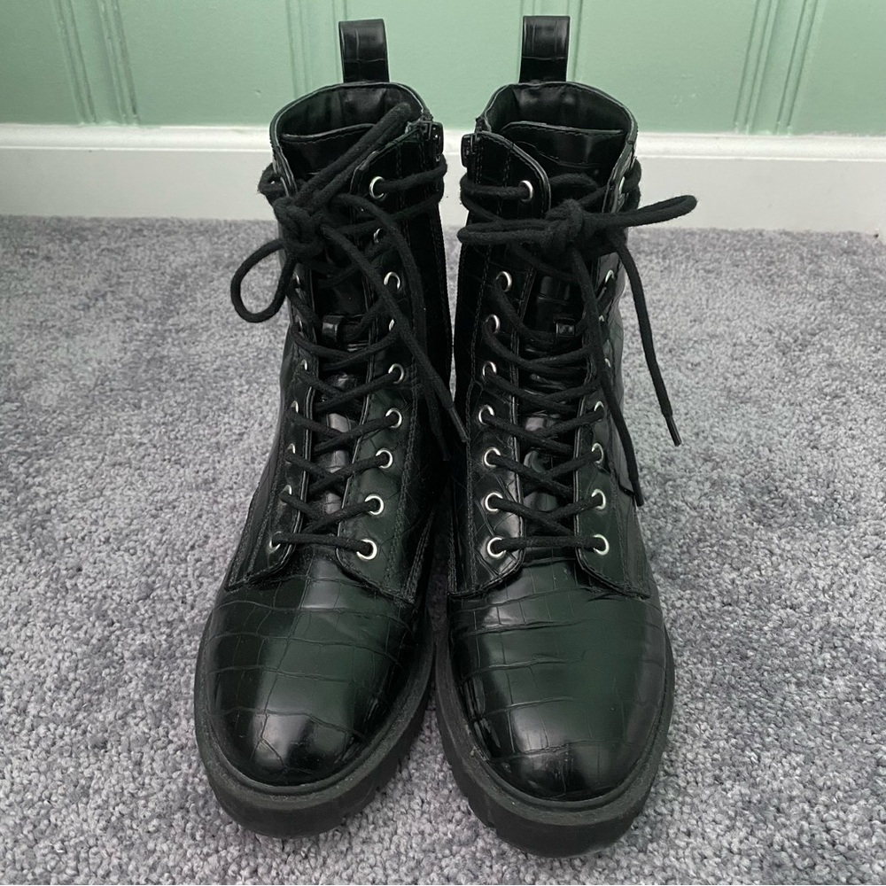 Black Croc-Embossed Lace-Up Combat Boots